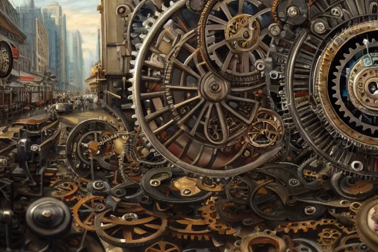 Prompt: ( ( a beautiful 8 k photorealistic masterpiece oil painting ) ( of ( a lot of detailed cogs and complex machinery while tons of people on the background ) ) ) ( hyperrealism ) ( 1 6 k ) ( trending on artstation )