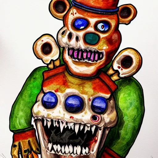 Prompt: water color on paper, zombie freddy fazbear, highly detailed, artstation, masterpiece, award - winning,
