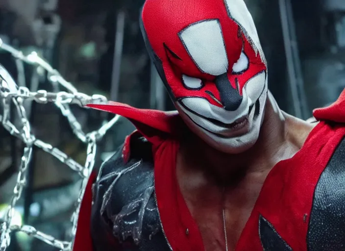 Image similar to film still of michael b jordan as spawn in the new spawn movie, giant chains, large cape, 8 k