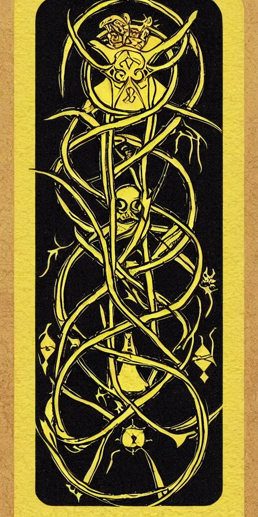 Image similar to tarot card, illithid, black background, gold border, metal