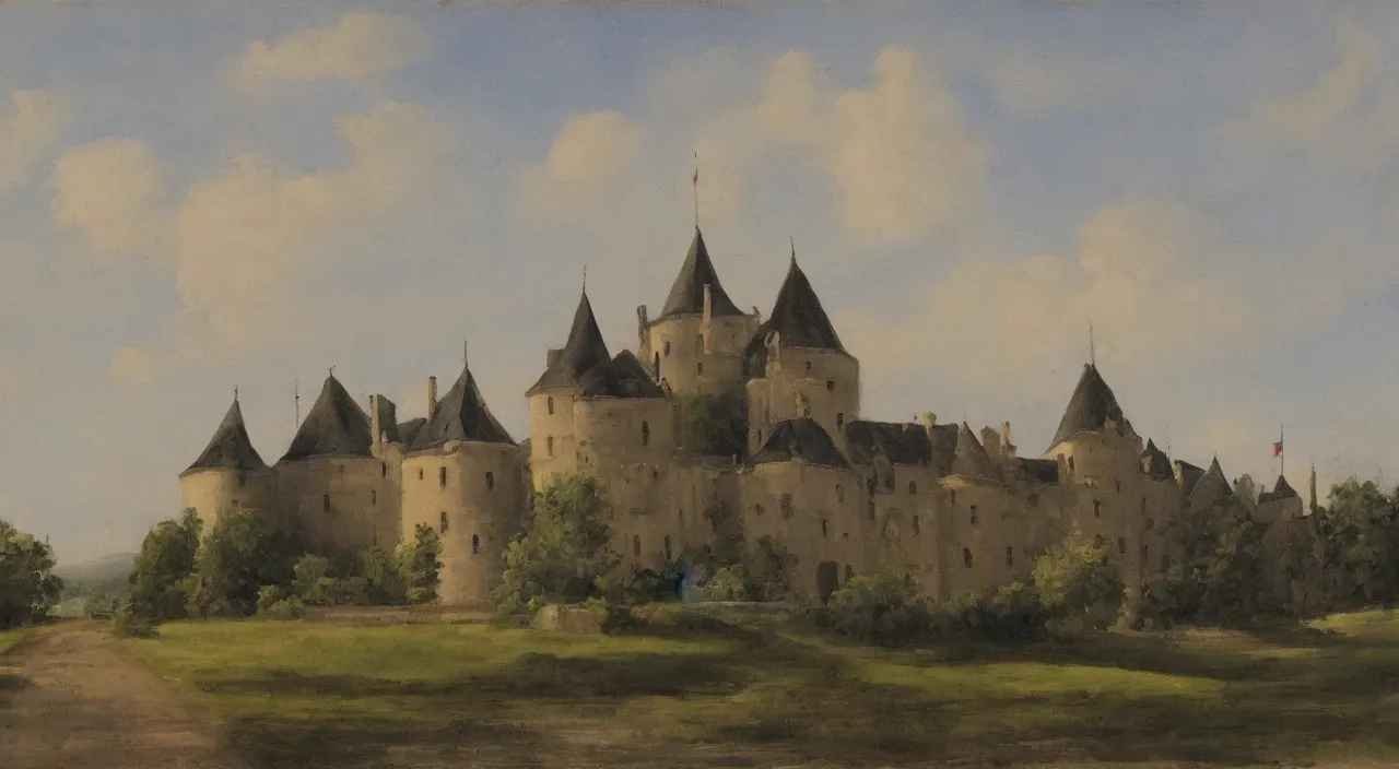 Image similar to a landscape painting of a French castle