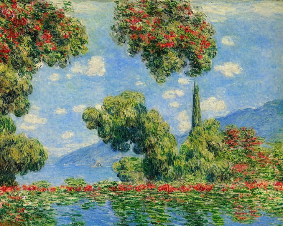 Image similar to beautiful landscape painting of Lake Como featuring a colorful shoreside villa by Monet.
