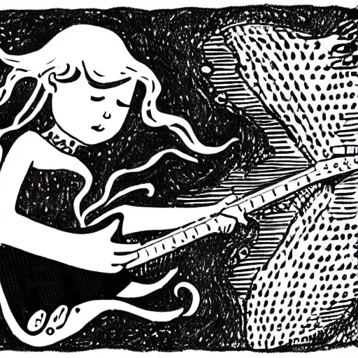 Image similar to illustration of a mermaid playing an stratocaster electric guitar, by Bill Watterson