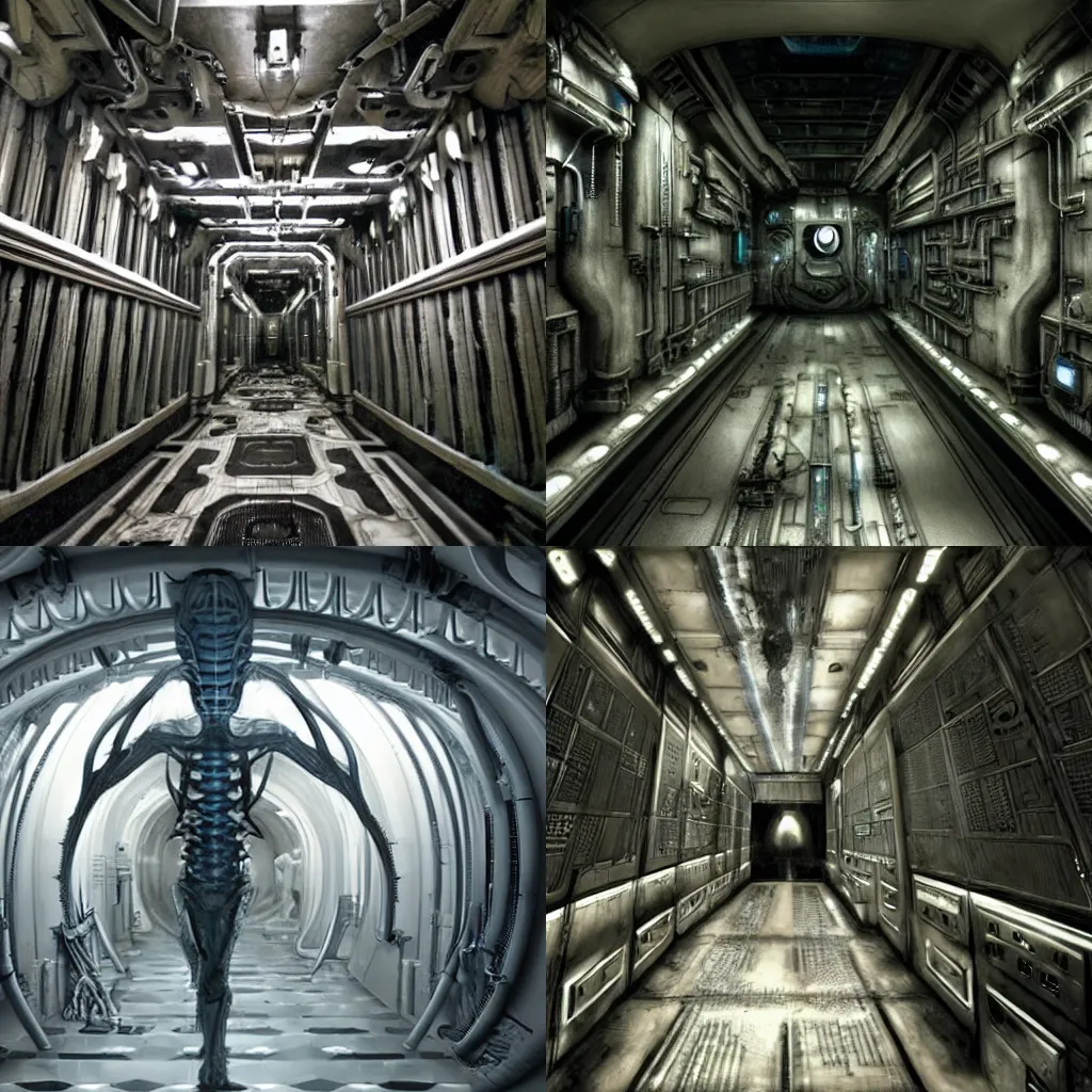 Prompt: hallway of the engineer ship from Prometheus, dark, intrincate, biomechanic, highly detailed, H.R. Giger