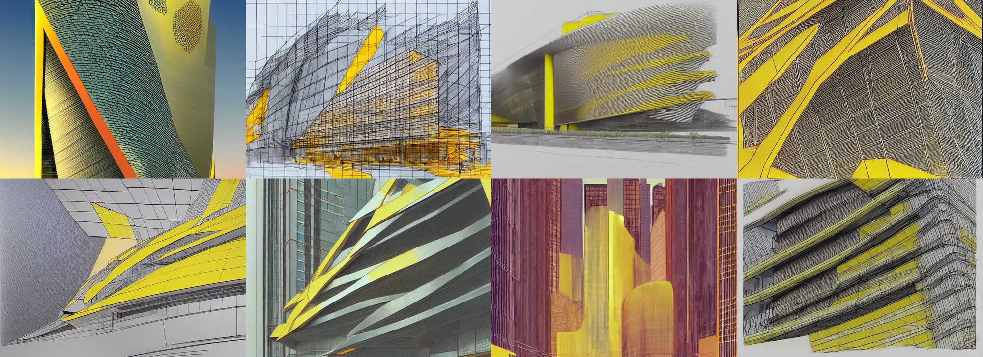 Prompt: architectural sketching of facade of the cyberpunk japanese on copper by norman foster + zaha hadid, pastel color, extremely detailed, architecture drawing, drawing, line drawing, pastel color, yellow and ornage color scheme