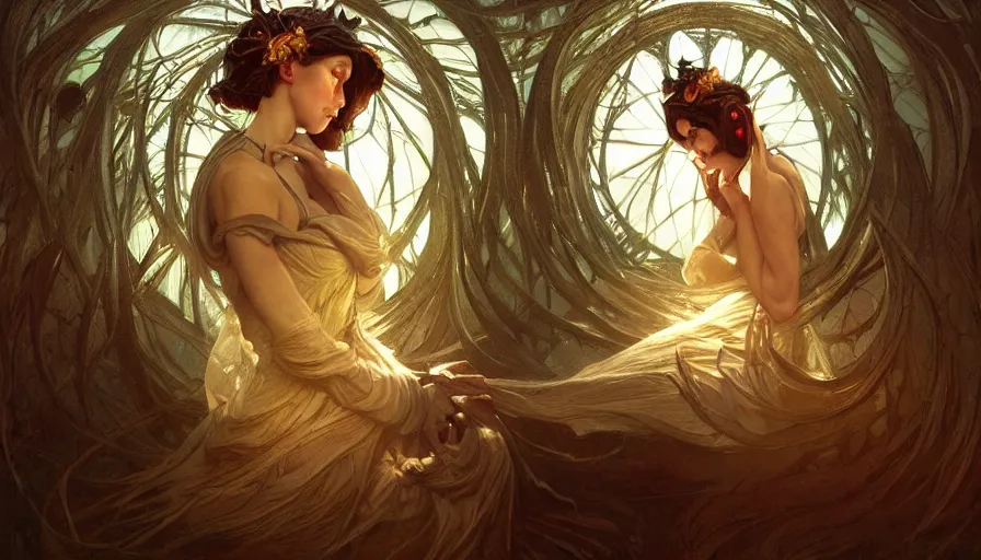 Image similar to dark twisted fairytale, masterpiece, fibonacci, sweat drops, insane, horror, intricate, highly detailed, digital painting, artstation, concept art, smooth, sharp focus, illustration, Unreal Engine 5, 8K, art by artgerm and greg rutkowski and alphonse mucha