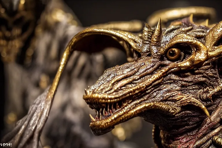 Image similar to photo taken of an epic intricate, ultra detailed, super realistic sculpture of a nightmarish hellish demonic creature on display in a workshop, created by weta workshop, zoomed in shots, photorealistic, sharp focus, f 0. 4, face centred, macro photography, golden ratio, golden hour