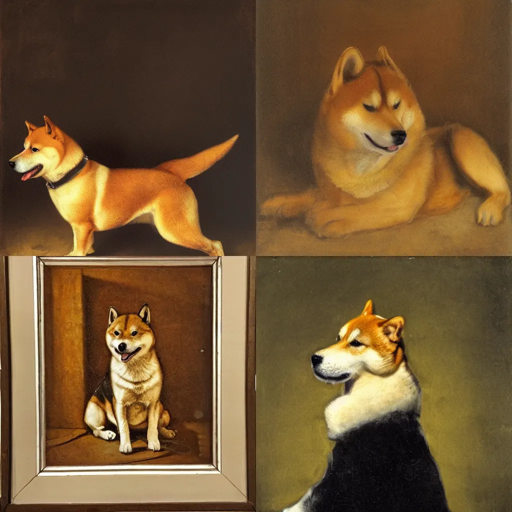 Prompt: An oil pointing of a shiba inu in the style if Rembrandt, dramatic light