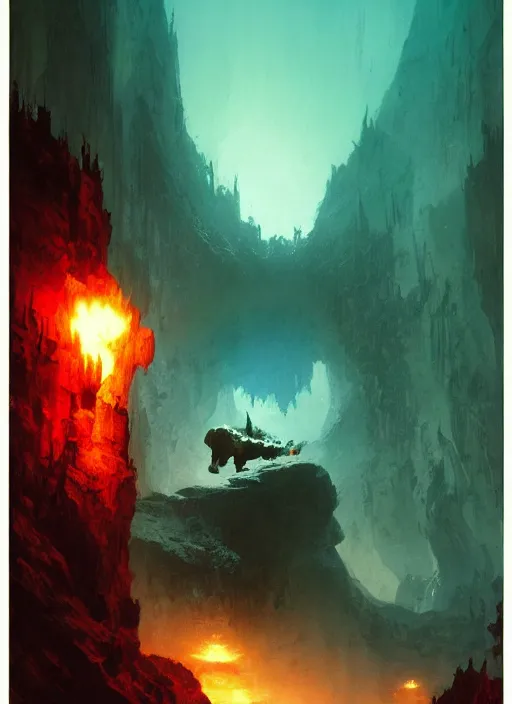 Image similar to balrog in a vast cavern, intricate, elegant, highly detailed, vivid colors, john park, frazetta, sparth, ruan jia, jeffrey catherine jones