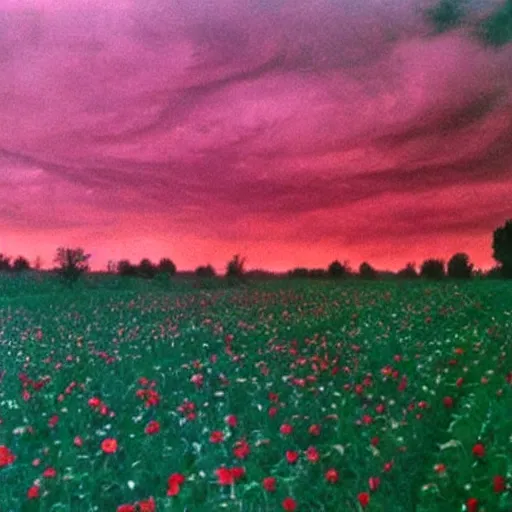 Image similar to A evil red clouds over a large flower field, eerie, 1970s photo, scary vibes