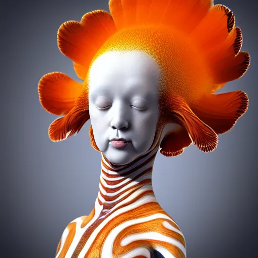 Image similar to high quality photo of a young beautiful female queen-feather-clownfish bust with a very long neck and Mandelbrot fractal face, Mandelbrot fractal skin, flesh, anatomical, facial muscles, veins, arteries, elegant, highly detailed, flesh highly baroque ornate, elegant, high fashion, rim light, octane render, in the style of Lindsay Adler, Realistic, Refined, Digital Art, Highly Detailed, Cinematic Lighting, rim light, photo-realistic, 8K