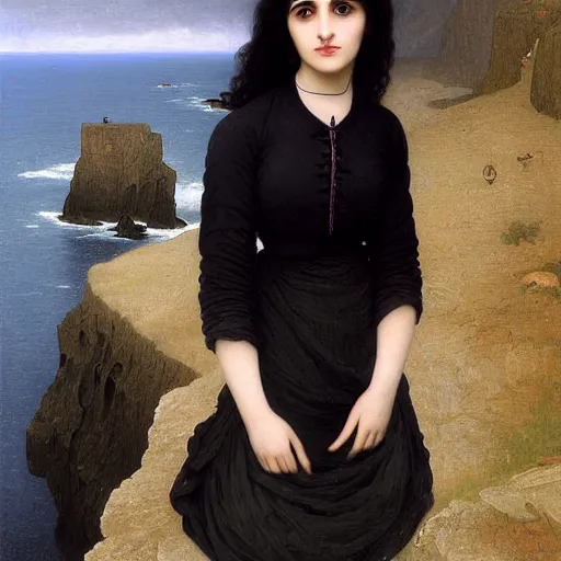 Image similar to 1 7 - year - old pale - skinned persian girl with black long bob cut, black gothic jacket, blue jeans, psychic girl, psychokinetic girl, standing on cliff along the irish coast, overcast gray skies, ultra - realistic, sharp details, subsurface scattering, intricate details, art by william - adolphe bouguereau