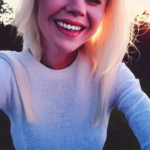 Image similar to beautiful selfie of a cute thin young woman smiling smugly, long light platinum blonde hair, flushed face, small heart - shaped face, cute freckles, light blue eyes, golden hour, 8 k, instagram