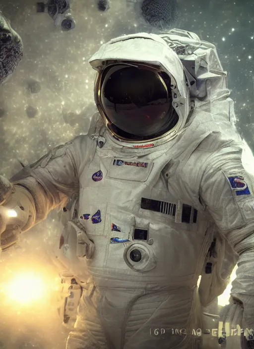 Image similar to cgi poster by craig mullins astronaut in futuristic dark and empty spaceship underwater. infrared glowing lights. complex and hyperdetailed technical suit. reflection and dispersion materials. rays and dispersion of light. volumetric light. 5 0 mm, f / 3 2. noise film photo. flash photography. unreal engine 4, octane render. interstellar movie art