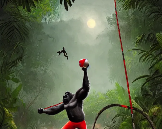 Prompt: a gorilla playing volleyball in a jungle, holding a volleyball, volleyball net, digital art, in the style of greg rutkowski
