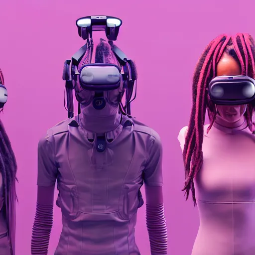 Prompt: intense futuristic bespoke vr headset respirator with long cables like dreadlocks on a set of twin humble hypebeasts, by ilya kuvshinov and james jean and sorayama and ikeuchi and hyein seo and hiroya oku and gilleard james, artstation trending, 8 k, 3 d render, photorealistic, volumetric lighting caustics, pink