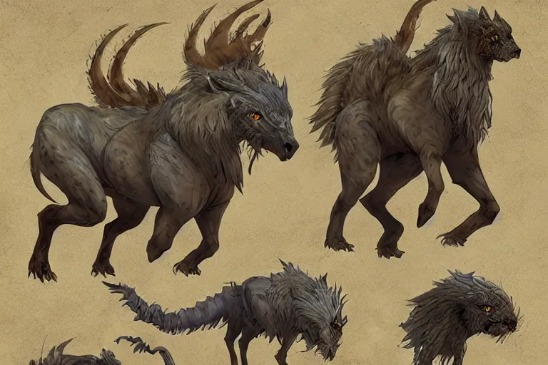 Image similar to beasts of the steppe, fantasy creature designs in an atmospheric landscape