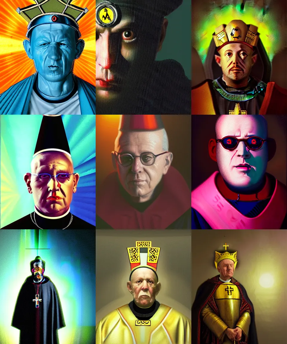 Prompt: portrait of a radioactive archbishop, hyper realistic, wearing a mitre with the nuclear symbol and emitting gamma rays, classic painting. cyberpunk, artstation, digital painting, realism, rembrandt, van lieven, dramatic lighting