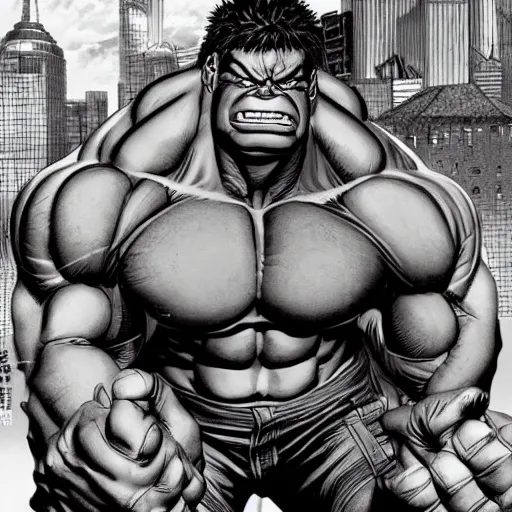 Prompt: portrait hulk by yusuke murata and masakazu katsura, artstation, highly - detailed, cgsociety, pencil and ink, fighting pose, city in the background, dark colors, detailed face