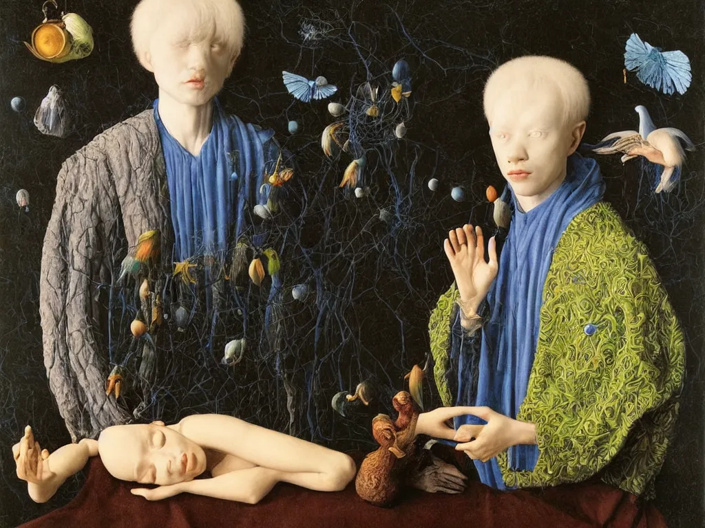 Image similar to Portrait of albino mystic with blue eyes, with sculpture by Henri Moore. Night with fireflies. Painting by Jan van Eyck, Audubon, Rene Magritte, Agnes Pelton, Max Ernst, Walton Ford