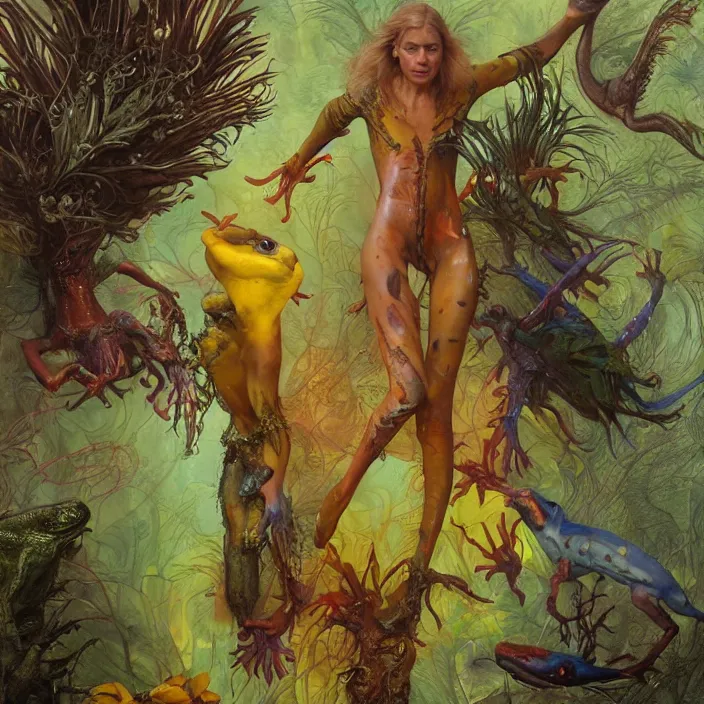 Prompt: a portrait photograph of claire danes as a brightly colored harpy amphibian hybrid with wet mutated skin. wearing a translucent organic catsuit. by tom bagshaw, donato giancola, hans holbein, walton ford, gaston bussiere, brian froud, peter mohrbacher and magali villeneuve. 8 k, cgsociety