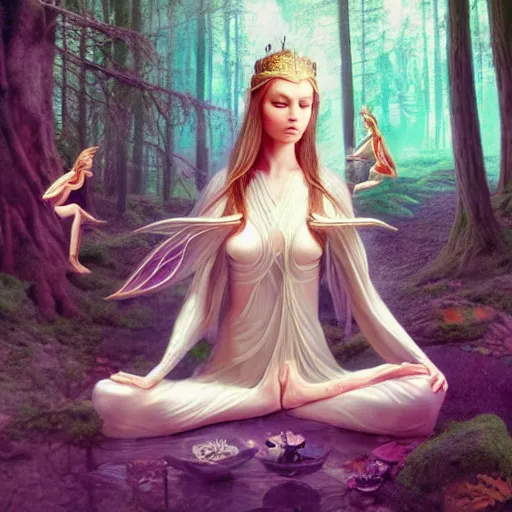 Image similar to elven princess meditating in forest, surrounded by fairies, surreal, surrealist art, digital art, trending on artstation, ultra detailed, intricate, sacred geometry, serene, beautiful, photo, realistic, perfect, smooth, moebius, by moebius