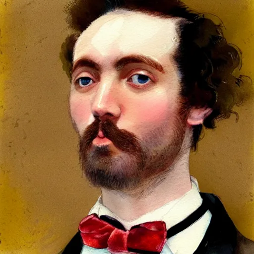 Prompt: Portrait of a handsome man with mutton chops. wearing a suit. colorful necktie, pale white face, long messy hair, ((red)) baggy eyes, tired face, watercolor, brushstrokes, high detail, artstation, background yellow and blue, medium detail, by Ilya Repin