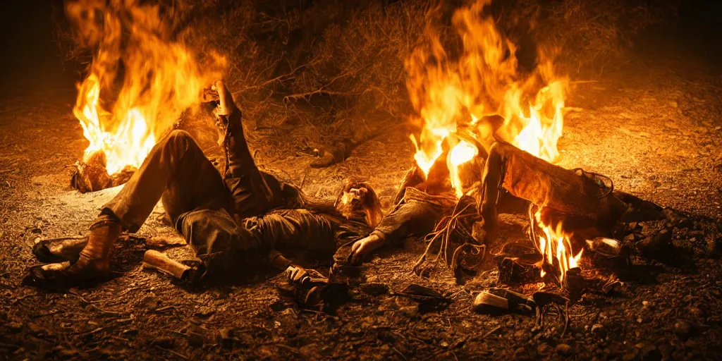 Image similar to portrait of rugged bandit cialien murphy ( ( alone ) ) in the old west, handcuffed by shackles at a campfire, ( ( dead body ( alone ) ) on the ground, volumetric lighting, cinematic, dark, grim