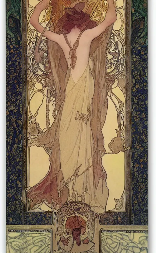 Image similar to the magician, tarot, beautiful border, by alfons maria mucha, highly detailded