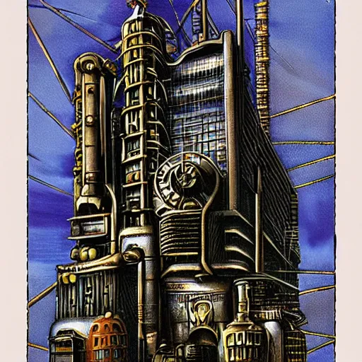 Prompt: grainy vintage 70s airbrush art, steampunk metropolis, highly detailed
