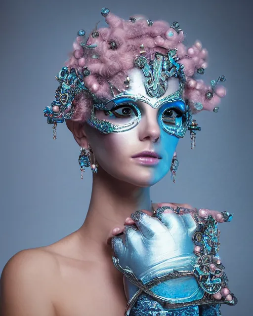 Image similar to natural light, soft focus portrait of a android with soft synthetic pink skin, blue bioluminescent plastics, smooth shiny metal, elaborate ornate head piece, piercings, venetian mask, skin textures, by annie liebovotz, paul lehr,