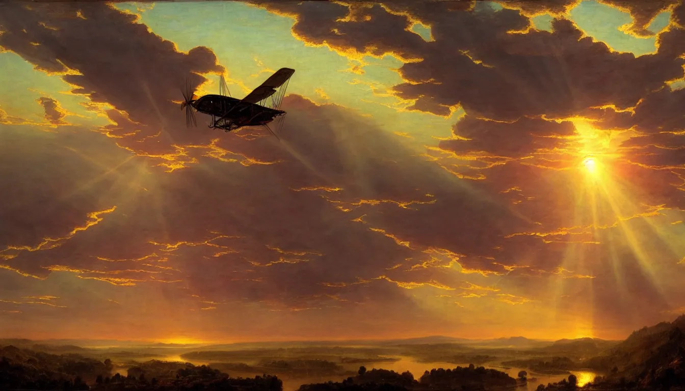 Prompt: a steam powered flying boat flies above a river valley at sunset, matte painting by frederic edwin church, golden hour, nature, fantasy art, trending on artstation, deviantart, behance, highly detailed, rule of thirds, crepuscular rays, steampunk