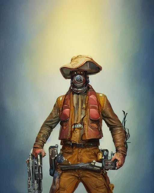 Image similar to a oil / watercolor painting full body character portrait of a bullet artificer in the style of moebius in the style of leonard boyarsky trending on artstation deviantart pinterest detailed realistic hd 8 k high resolution