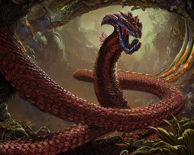 Image similar to digital painting of quetzalcoatl, by filipe pagliuso and justin gerard, jungle, fantasy, highly detailed, ominous, intricate, snake