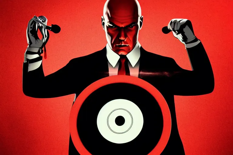 Image similar to a portrait of agent 4 7 from hitman wearing headphones and putting a vinyl record onto a turntable, dark background, red rim light, digita, l