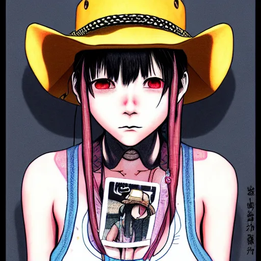 Image similar to full view of girl from serial experiments lain, with tattoos, wearing cowboy hat, style of yoshii chie and hikari shimoda and martine johanna, highly detailed