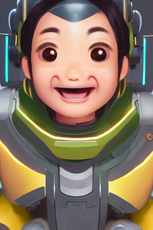 Prompt: a painting of cute Asian smiling, cyborg, in the style of Pixar animation, low angle view, 16mm lens, award winning, hyper detailed, dramatic lighting, artstation, octane renderer, unreal engine