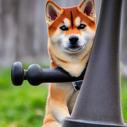 Prompt: close - up photo of shiba inu holding huge mace in paws, standing vertically, ( eos 5 ds r, iso 1 0 0, f / 8, 1 / 1 2 5, 8 4 mm, postprocessed, sharp )