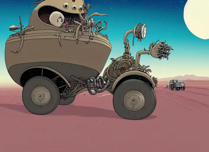 Prompt: a cell shaded cartoon of a lovecraftian mechanized sloth from howl's moving castle ( 2 0 0 4 ), on a desert road, in front of a pale full moon, full body, wide shot, very dull muted colors, studio ghibli, laurie greasley, highly detailed, deviantart, art by artgem