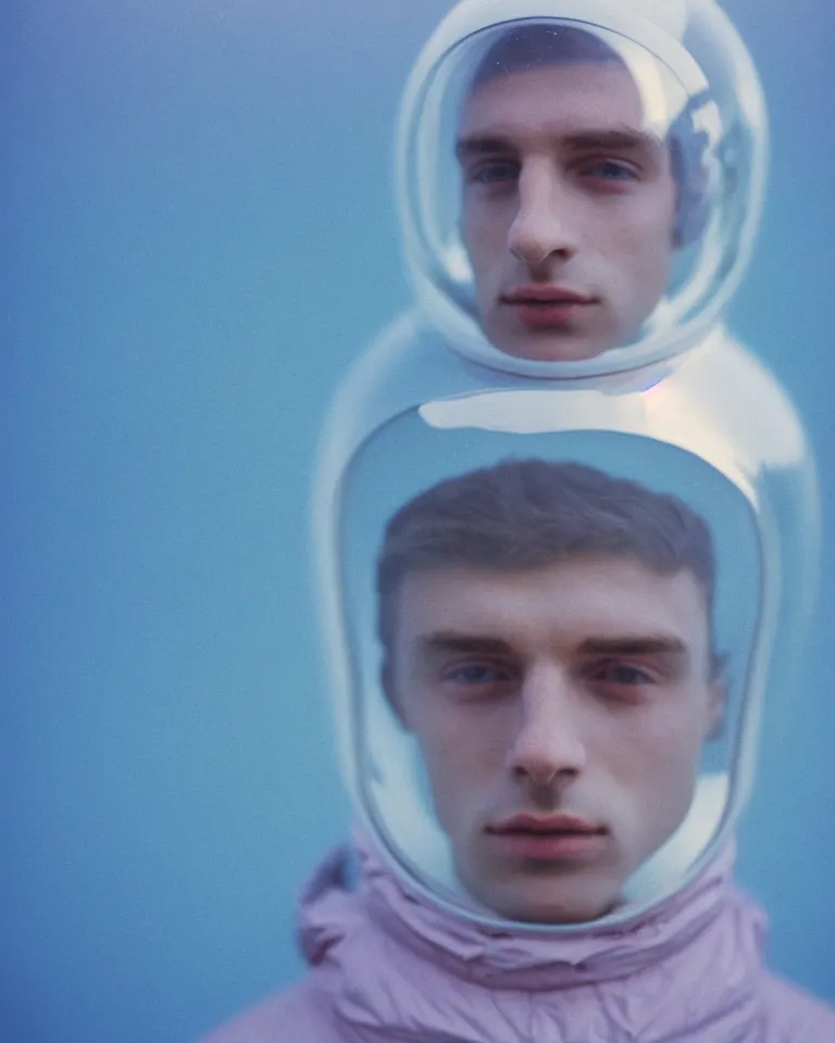 Image similar to high quality pastel coloured film portrait photograph of a beautiful young 2 0 year old male, soft facial features, short hair, wearing perspex space helmet and oversized inflated clothing!! icelandic black rock pool environment. atmospheric three point light. photographic. art directed. ( pastel colours ). volumetric. clearcoat. waves. 8 k. filmic.