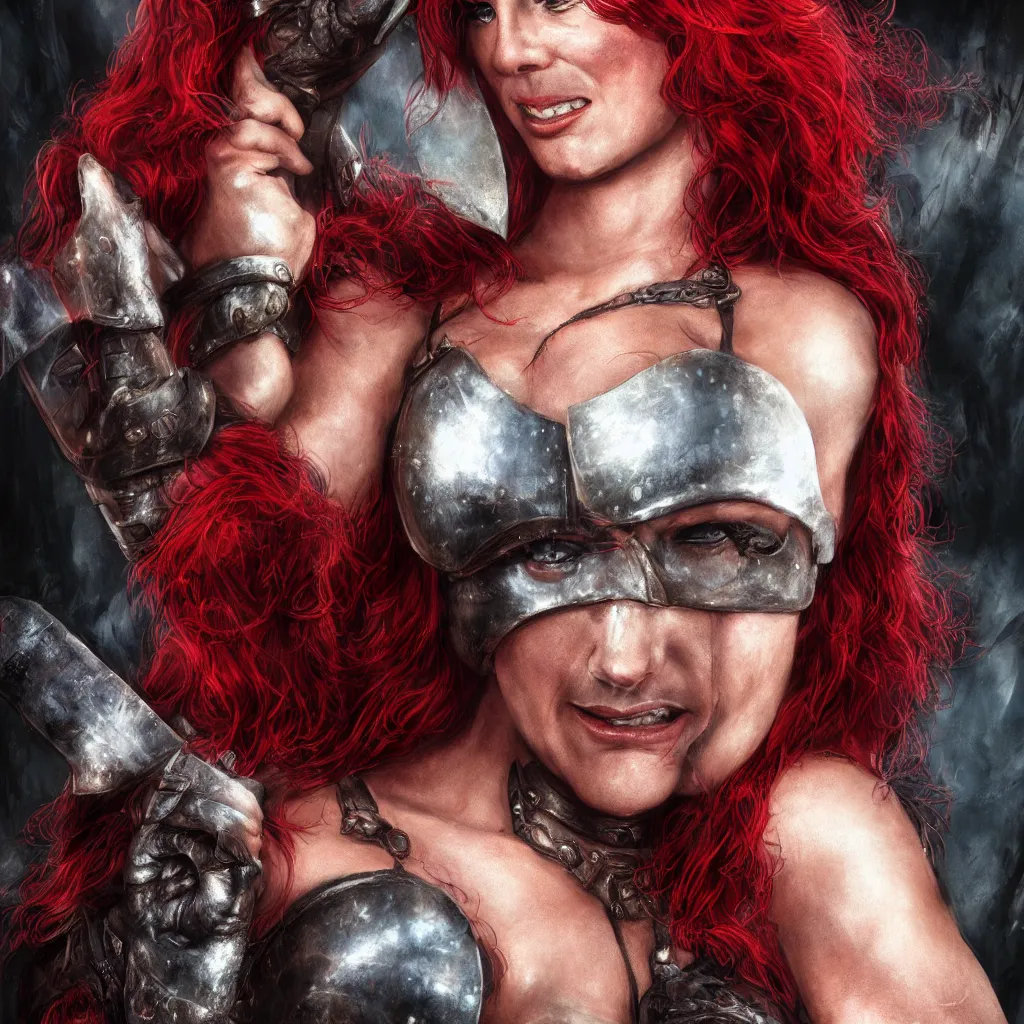 Image similar to hyper realistic photo of red sonja portrait, cinematic