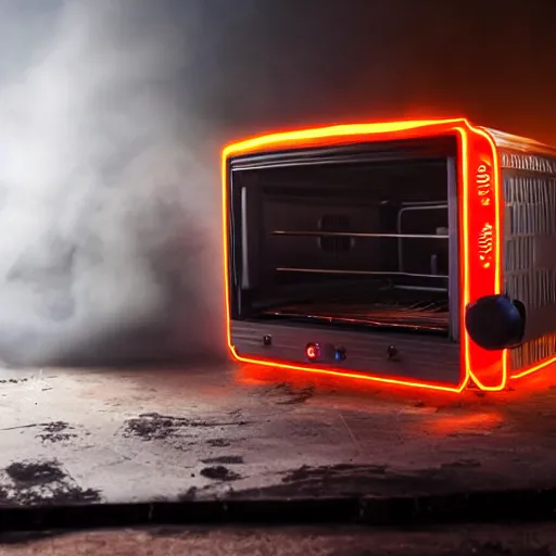 Image similar to toaster oven mecha head, dark messy smoke - filled cluttered workshop, dark, dramatic lighting, orange tint, sparks, cinematic, highly detailed, sci - fi, futuristic, movie still