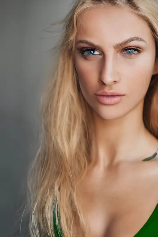 Image similar to olive skinned blonde female model in her twenties, green eyes, wearing a designer top, looking content, focused on her neck, photo realistic, extreme detail skin, natural beauty, no filter, slr, golden hour, 4 k, high definition, selfie