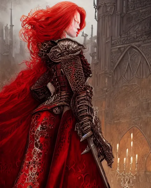 Image similar to redhead queen knight in heavy red armor, inside an ominous gothic castle, baroque, large crown, face with scars, intimidating, high fantasy, intricate detail, digital painting, artstation, concept art, smooth, sharp focus, illustration, art by yoshitaka amano and wlop and monia merlo