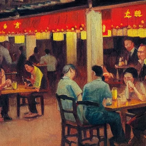 Image similar to Hopper painting of people in a cafe at night in Kowloon Walled City, Hong Kong