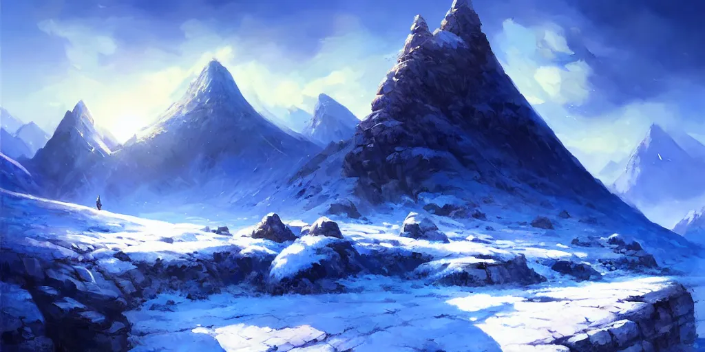 Image similar to snowy mountain landscape, cinematic view, blue sky, detailed, concept art, low angle, high detail, realistic, warm lighting, volumetric, godrays, vivid, artstation, digital painting by jordan grimmer and greg rutkowski