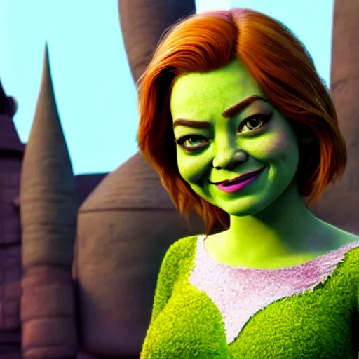 Image similar to Emma Stone as a female Shrek, Shrek features, fully detailed, high quality , 4k , octane render , soft lightening , masterpiece