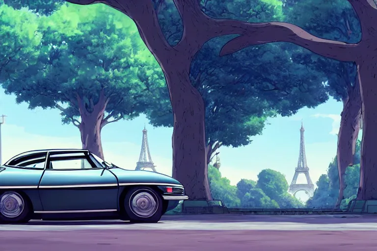 Image similar to a wholesome animation key shot of!! one!! focused! 1 9 7 4 citroen ds! in a tree lined paris street, view of eiffel tower, medium shot, studio ghibli, pixar and disney animation, sharp, very detailed, high resolution, rendered in unreal engine 5, anime key art by greg rutkowski, bloom, dramatic lighting