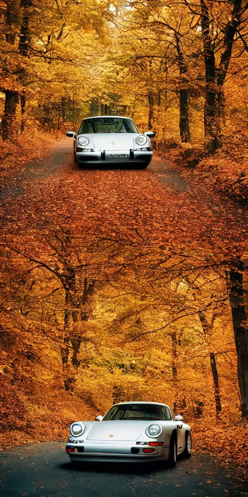 Image similar to photo of a porsche driving through autumn leaves, photo, kodak portra 4 0 0, direct flash, cinematic lighting, anti aliasing