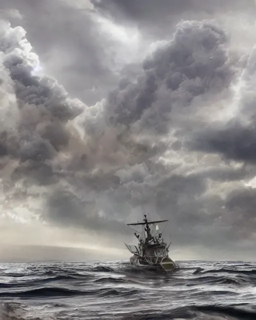 Image similar to establishing shot of a fishing boat on stormy seas, a gigantic star destroyer spaceship flying overhead | the star destroyer spaceship is emerging from storm clouds, stormy weather, dramatic lighting, unreal engine, hyper realism, realistic shading, cinematic composition, realistic render, octane render, detailed textures, photorealistic, ultrawide shot, 1 6 mm lens